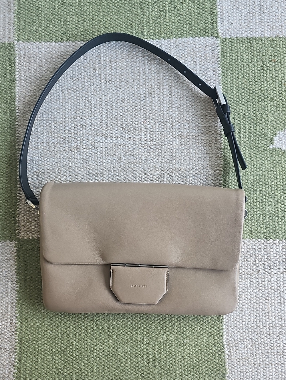 ALLSAINTS Taupe Shoulder Bag With Black Leather And Silver Accents Strap